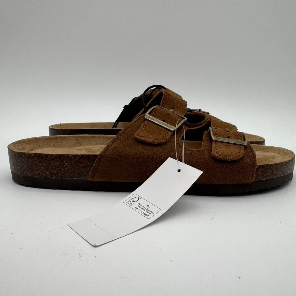Khombu Asheville Brown Suede Double Buckle Slide Sandals Women's Size 8 NEW